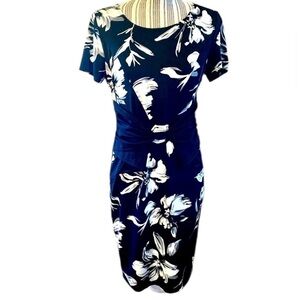 NWT VfEmage Dress Med Black White Floral Short Sleeve Black Bow at Waist Midi